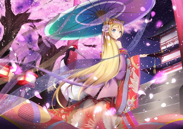 Anime picture 1000x707 with love live! school idol project sunrise (studio) love live! ayase eli kr (sapphire) single looking at viewer blush fringe blue eyes blonde hair hair between eyes bare shoulders animal ears ahoge very long hair traditional clothes japanese clothes looking back hair flower