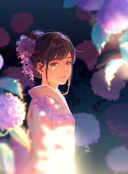Anime picture 2408x3264 with original rrr (reason) single tall image looking at viewer fringe highres short hair brown hair brown eyes signed upper body traditional clothes japanese clothes sunlight mole hair bun (hair buns) mole under eye floral print girl
