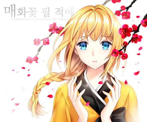 Anime picture 1000x833 with vocaloid seeu nardack single looking at viewer fringe blue eyes simple background blonde hair white background traditional clothes japanese clothes alternate costume cherry blossoms alternate hairstyle girl flower (flowers) petals kimono branch