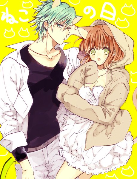 Anime picture 647x846 with uta no prince-sama a-1 pictures nanami haruka (uta no prince-sama) mikaze ai yurine (artist) tall image looking at viewer blush fringe short hair breasts open mouth green eyes animal ears cleavage red hair tail long sleeves animal tail profile