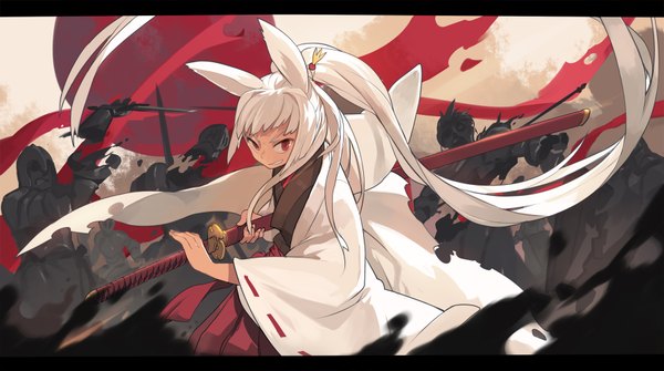 Anime picture 1788x1000 with original pixiv fantasia pixiv fantasia fallen kings mzt (pixiv) single long hair highres smile red eyes wide image holding animal ears white hair ponytail very long hair traditional clothes japanese clothes wide sleeves bunny ears letterboxed