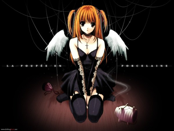 Anime picture 1600x1200 with death note madhouse amane misa suzuhira hiro long hair brown hair twintails black background short twintails girl thighhighs dress detached sleeves wings black dress cross thread