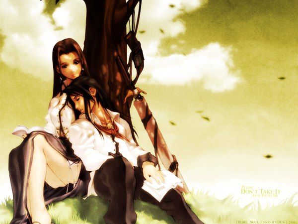Anime picture 1280x960 with war of genesis 3 albatini de medich empress christina kim hyung tae rebel-soul-kaze long hair sitting signed cloud (clouds) outdoors eyes closed sleeping third-party edit sheathed girl boy weapon plant (plants) sword book (books)