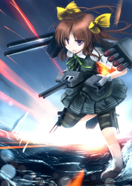 Anime picture 850x1200 with kantai collection kagerou destroyer kagerou (kantai collection) kagerou (kancolle) abchipika single tall image short hair open mouth brown hair purple eyes evening sunset girl dress bow weapon hair bow sea