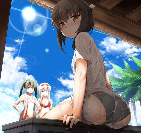 Anime picture 1507x1421 with kantai collection shoukaku aircraft carrier zuikaku aircraft carrier taihou armored aircraft carrier ipuu (el-ane koubou) long hair blush short hair breasts open mouth light erotic smile brown hair large breasts twintails multiple girls brown eyes green eyes silver hair cloud (clouds)