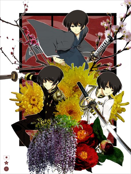 Anime picture 1340x1772 with axis powers hetalia studio deen japan (hetalia) higashiyamato tall image short hair brown hair brown eyes traditional clothes japanese clothes light smile multiple boys cherry blossoms multiple persona military boy gloves uniform flower (flowers) weapon