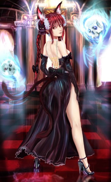 Anime picture 779x1280 with touhou kaenbyou rin mightyhonk long hair tall image red eyes animal ears red hair tail braid (braids) animal tail looking back cat ears cat girl cat tail back checkered floor floor extra ears girl