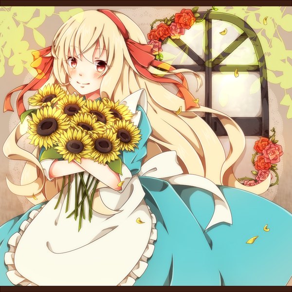Anime picture 1000x1000 with kagerou project shaft (studio) mary (kagerou project) shigure kio single long hair looking at viewer blush blonde hair smile red eyes white hair girl dress flower (flowers) ribbon (ribbons) hair ribbon petals window rose (roses)