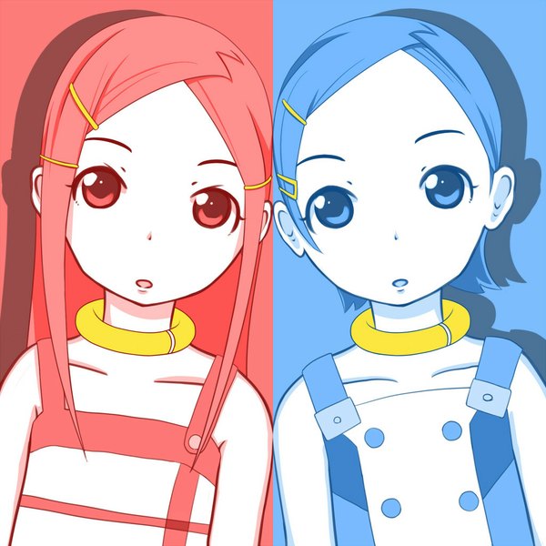 Anime picture 1024x1024 with eureka seven studio bones eureka anemone long hair looking at viewer short hair open mouth blue eyes multiple girls blue hair pink hair pink eyes loli girl hair ornament 2 girls hairclip collar hairpin (hairpins)