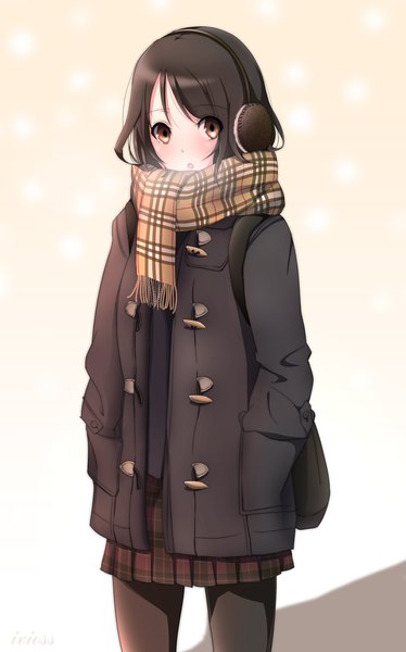 Anime picture 1378x2208 with original ivioss single long hair tall image looking at viewer blush black hair brown eyes plaid skirt hands in pockets girl skirt miniskirt pantyhose jacket scarf school bag earmuffs