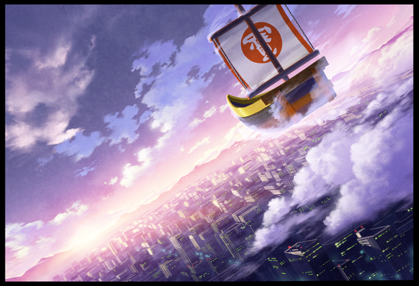 Anime picture 1774x1211 with original mocha (cotton) highres sky cloud (clouds) sunlight border cityscape mountain flying landscape building (buildings) flag watercraft ship