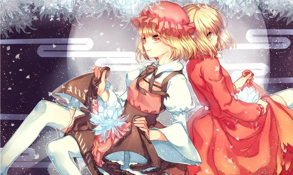 Anime picture 1332x799 with touhou aki minoriko aki shizuha nicohi (artist) looking at viewer short hair blonde hair red eyes wide image sitting multiple girls yellow eyes girl thighhighs dress flower (flowers) 2 girls white thighhighs bonnet