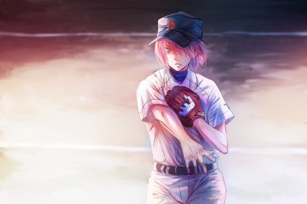 Anime picture 1920x1280 with daiya no ace production i.g kominato haruichi asano moi single looking at viewer fringe highres short hair standing purple eyes pink hair lips hair over one eye baseball boy uniform pants gym uniform single glove