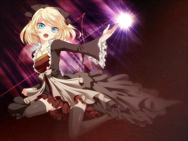 Anime picture 1024x768 with vocaloid kagamine rin jyuru single looking at viewer short hair open mouth blonde hair girl thighhighs dress bow black thighhighs hair bow
