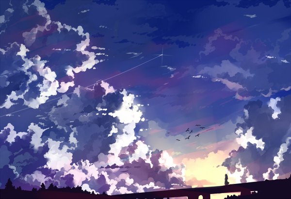 Anime picture 1500x1025 with original huanxiang huifeng long hair sky cloud (clouds) ponytail landscape scenic silhouette girl dress plant (plants) animal tree (trees) bird (birds)