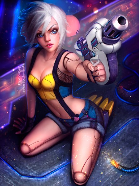 Anime picture 1536x2048 with tagme (copyright) ayyasap single tall image short hair breasts blue eyes holding silver hair lips realistic mole mole under eye eyebrows freckles mechanical girl navel weapon shorts