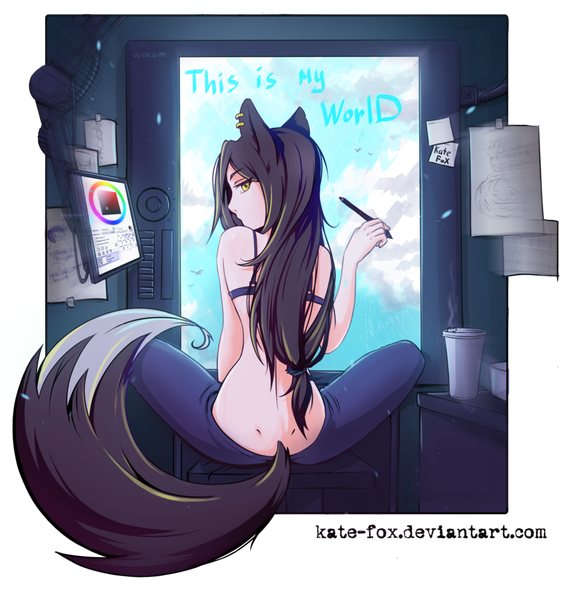 Anime picture 900x941 with original katrin fox kate-fox single long hair tall image looking at viewer light erotic black hair sitting bare shoulders animal ears yellow eyes sky cloud (clouds) bent knee (knees) tail animal tail looking back inscription