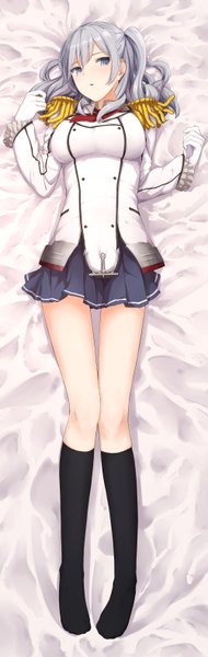 Anime picture 1000x3144 with kantai collection kashima training cruiser enoshito single long hair tall image blush fringe breasts open mouth large breasts twintails looking away silver hair full body lying silver eyes dakimakura (medium) skirt gloves