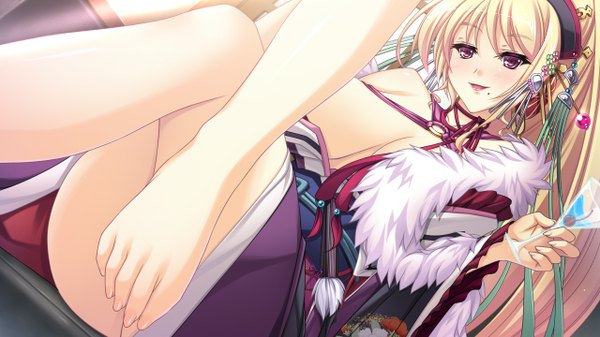 Anime picture 1280x720 with appare! tenka gomen single long hair open mouth light erotic blonde hair wide image purple eyes bare shoulders game cg traditional clothes barefoot bare legs crossed legs girl hair ornament