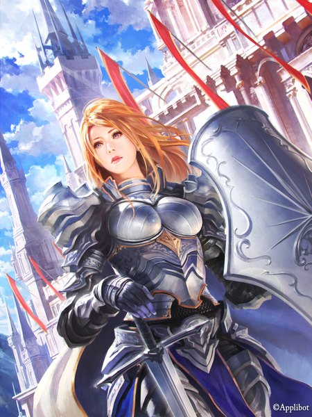 Anime picture 1500x2000 with original lie-on single tall image fringe standing purple eyes looking away sky cloud (clouds) outdoors wind lips sunlight orange hair inscription official art lipstick mountain fantasy