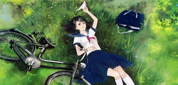 Anime picture 1900x914 with original yong kit lam single long hair looking at viewer highres black hair wide image brown eyes girl skirt uniform plant (plants) socks serafuku white socks grass school bag ground vehicle bicycle