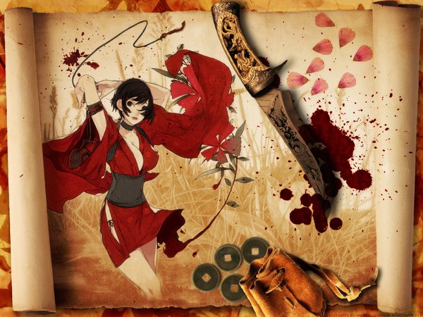Anime picture 1600x1200 with red ninja warrior japanese clothes flower (flowers) kimono blood knife paper