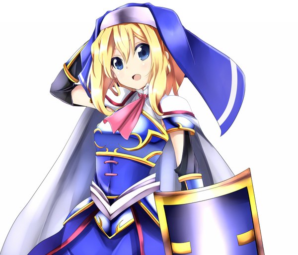 Anime picture 1750x1500 with touhou alice margatroid amano kouki looking at viewer highres short hair open mouth blue eyes simple background blonde hair white background girl dress cape shield