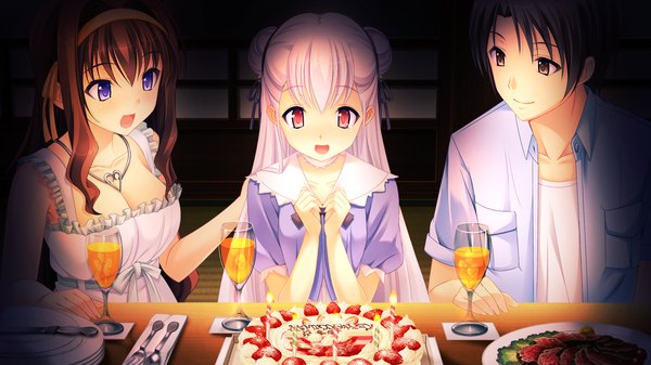 Anime picture 1920x1080 with anata no koto o suki to iwasete fujikura yukino long hair blush highres short hair open mouth black hair red eyes brown hair wide image purple eyes multiple girls brown eyes game cg white hair girl dress boy 2 girls