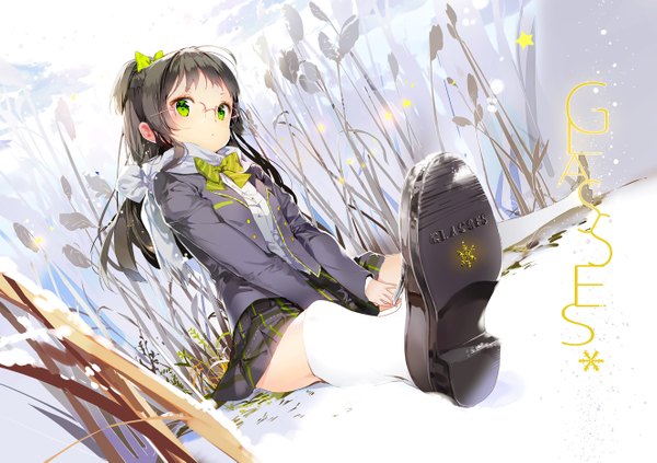 Anime picture 1326x937 with original anmi single long hair looking at viewer blush brown hair sitting green eyes ponytail inscription spread legs winter soles snow girl uniform bow plant (plants) hair bow