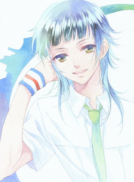 Anime picture 600x814 with starry sky kinose azusa agahari single long hair tall image looking at viewer fringe smile green eyes blue hair parted lips adjusting hair traditional media watercolor (medium) boy uniform school uniform necktie wristlet
