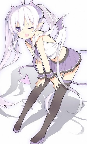 Anime picture 800x1325 with original rulu saru (longbb) single tall image looking at viewer open mouth purple eyes twintails ahoge white hair tail very long hair one eye closed horn (horns) pointy ears wink loli fang (fangs) demon girl