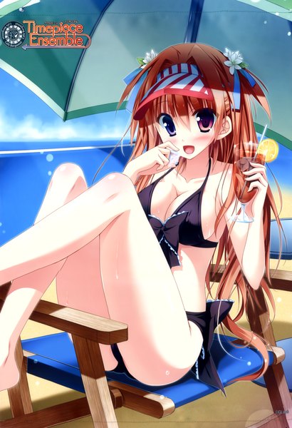 Anime picture 3035x4441 with timepiece ensemble kuramae nanami sesena yau single long hair tall image looking at viewer blush highres breasts open mouth blue eyes light erotic brown hair sitting absurdres sky barefoot hair flower bare legs