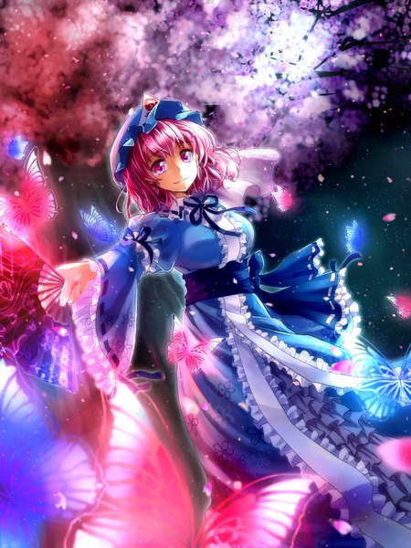 Anime picture 1500x2000 with touhou saigyouji yuyuko shironeko yuuki single tall image looking at viewer short hair pink hair traditional clothes japanese clothes pink eyes cherry blossoms girl plant (plants) petals tree (trees) frills kimono insect butterfly