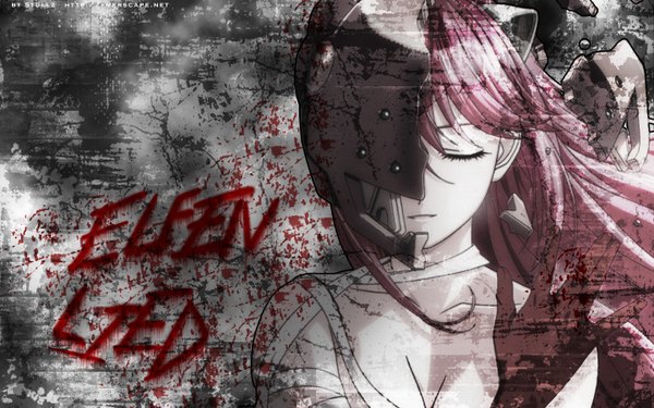 Anime picture 1440x900 with elfen lied arms corporation lucy long hair wide image signed pink hair eyes closed inscription grey background girl mask bandage (bandages)
