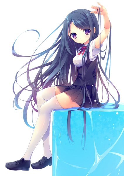 Anime picture 1860x2630 with original nametakenoko single tall image looking at viewer highres black hair white background sitting purple eyes very long hair girl thighhighs skirt uniform school uniform white thighhighs