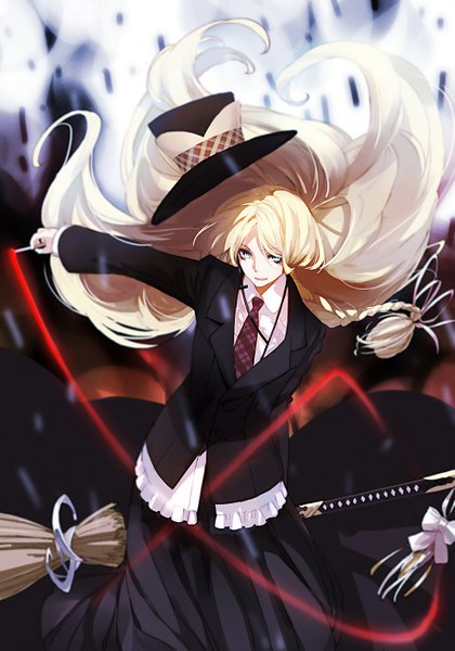 Anime picture 983x1404 with touhou kirisame marisa lia-sama single long hair tall image open mouth blue eyes blonde hair smile braid (braids) from above alternate costume outstretched arm single braid girl skirt hat necktie cigarette
