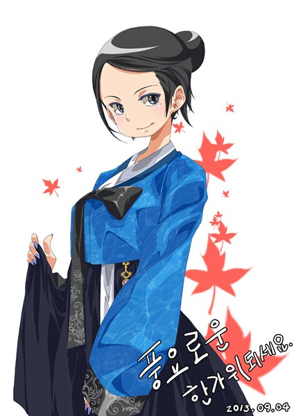Anime picture 800x1131 with tagme (copyright) rantia (artist) single tall image blush short hair black hair simple background white background looking away traditional clothes japanese clothes black eyes mole mole under eye dated girl