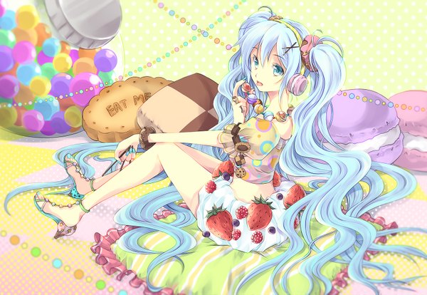 Anime picture 1500x1037 with vocaloid hatsune miku iroha (milktea4039) single open mouth blue eyes sitting blue hair full body very long hair checkerboard cookie girl dress food sweets headphones beads berry (berries) sandals strawberry