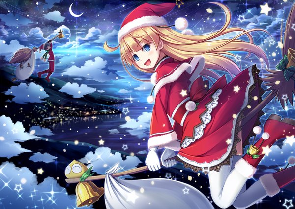Anime picture 1446x1024 with puyopuyo witch (puyopuyo) akashio (loli ace) long hair looking at viewer blush open mouth blue eyes blonde hair ahoge bent knee (knees) night fur trim christmas flying landscape scenic witch crescent broom riding