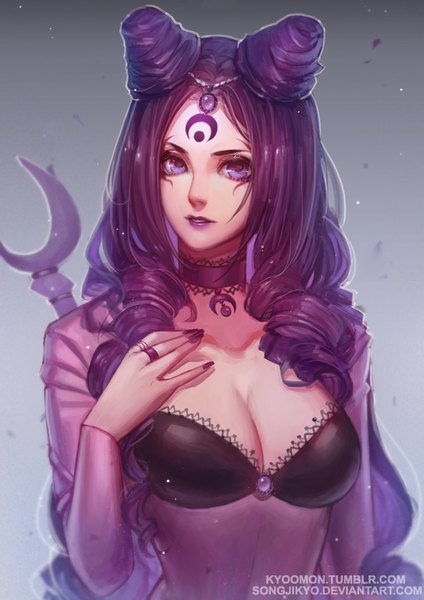 Anime picture 620x877 with league of legends diana (league of legends) songjikyo single long hair tall image looking at viewer breasts light erotic purple eyes purple hair nail polish fingernails lipstick facial mark hand on chest eyebrows makeup purple lipstick girl