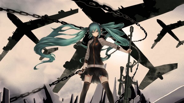 Anime picture 2560x1440 with vocaloid hatsune miku single looking at viewer fringe highres smile wide image very long hair pleated skirt aqua eyes aqua hair alternate costume zettai ryouiki girl thighhighs skirt weapon black thighhighs jacket