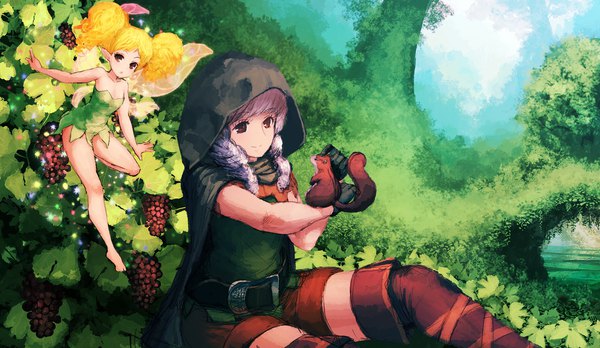 イラスト 2000x1161 と ドラゴンズクラウン ヴァニラウェア有限会社 エルフ(ドラゴンズクラウン) tiki (dragon's crown) ジャン・ポポ カメラ目線 前髪 highres おっぱい 金髪 笑顔 wide image 座る ツインテール multiple girls 茶目 cleavage purple hair outdoors blunt bangs