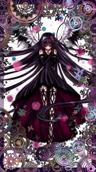 Anime picture 1080x1920 with mahou shoujo madoka magica shaft (studio) akemi homura akuma homura purlchite single tall image black hair purple eyes very long hair light smile angel wings black wings magical girl bloody tears girl dress gloves hair ornament flower (flowers)