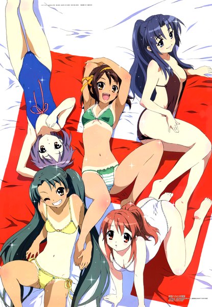 Anime picture 2075x3000 with suzumiya haruhi no yuutsu kyoto animation suzumiya haruhi nagato yuki asahina mikuru tsuruya asakura ryouko kadowaki satoshi tall image highres light erotic tan lines girl swimsuit