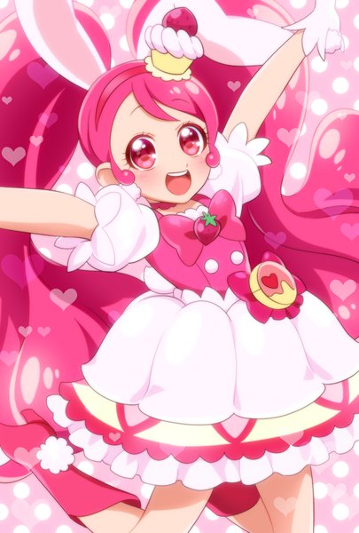 Anime picture 675x1000 with precure kirakira precure a la mode toei animation usami ichika cure whip 0417nao single long hair tall image looking at viewer open mouth smile twintails animal ears pink hair pink eyes bunny ears puffy sleeves happy spread arms