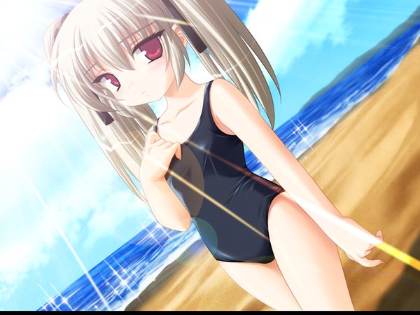 Anime picture 1024x768 with moero downhill night 2 narukami kei emily (pure dream) single long hair looking at viewer fringe light erotic hair between eyes red eyes twintails game cg sky silver hair cloud (clouds) sparkle loli beach girl swimsuit