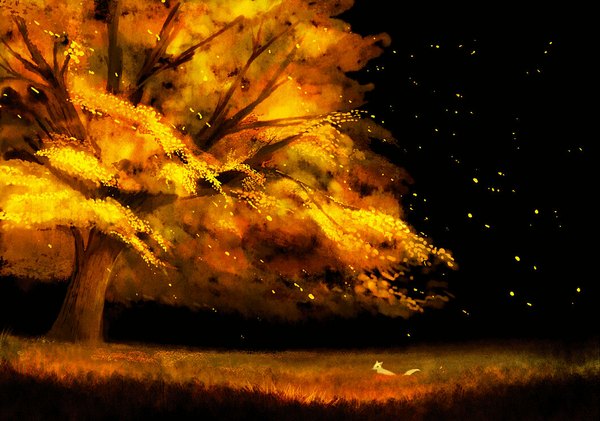 Anime picture 1060x744 with original aohato (artist) night scenic autumn plant (plants) tree (trees) leaf (leaves) grass fox