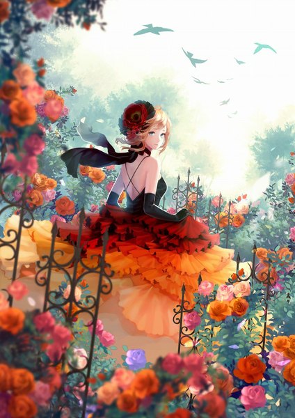 Anime picture 706x1000 with original siro single tall image looking at viewer short hair blue eyes sky wind back flying girl dress gloves hair ornament flower (flowers) plant (plants) animal petals tree (trees)