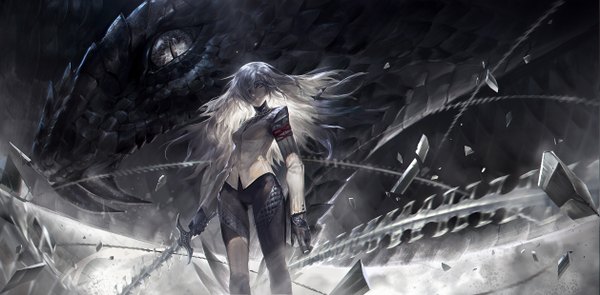 Anime picture 2516x1240 with original pixiv fantasia pixiv fantasia t alcd long hair looking at viewer fringe highres wide image green eyes wind grey hair hair over one eye fantasy broken girl weapon sword bodysuit dragon