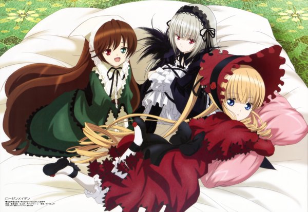 Anime picture 5938x4092 with rozen maiden megami magazine suigintou shinku suiseiseki morimoto hirofumi looking at viewer blush highres open mouth blue eyes smile red eyes twintails multiple girls absurdres scan official art heterochromia drill hair